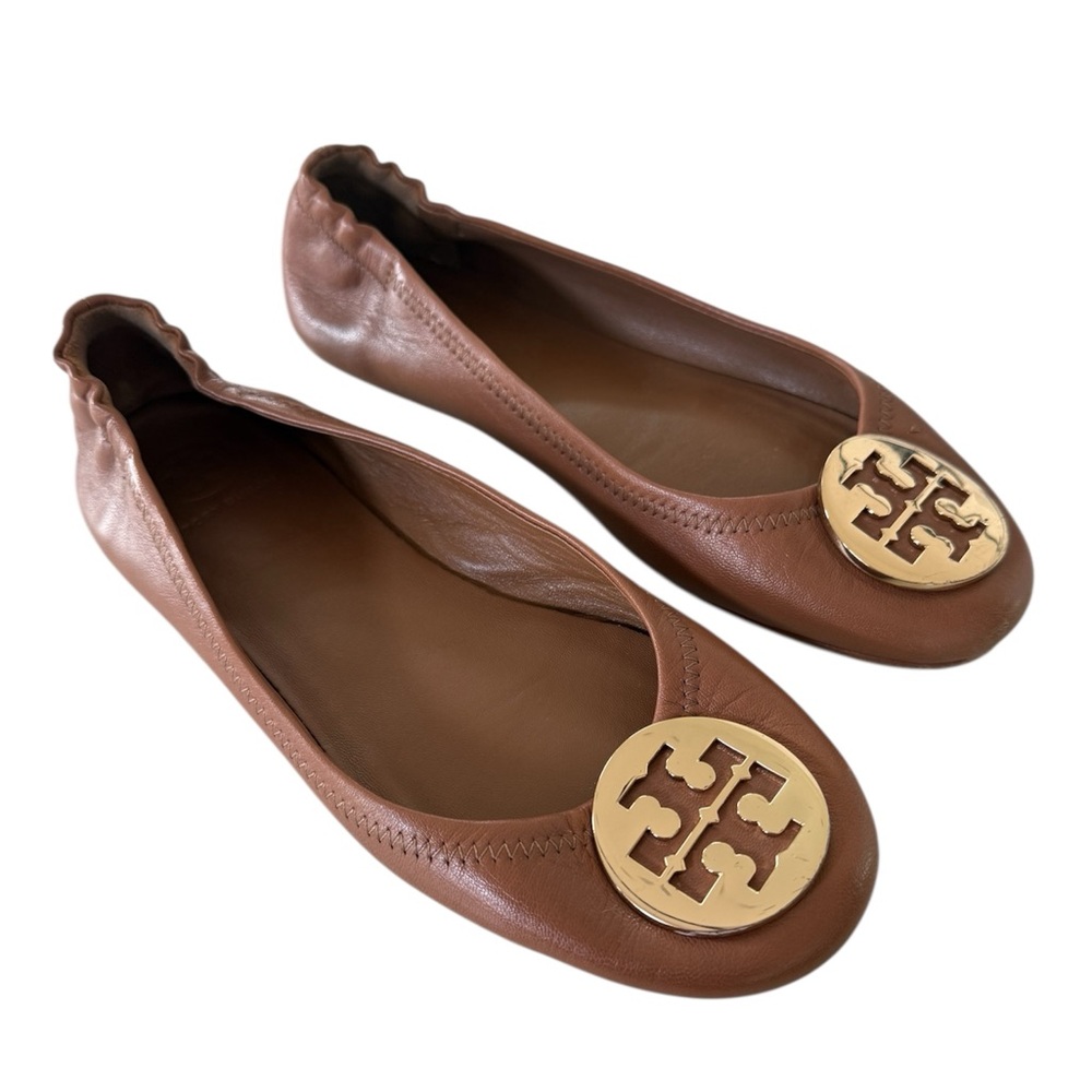 Tory Burch Brown Leather Minnie Travel Ballet Flats with Gold Logo - Picture 9 of 9